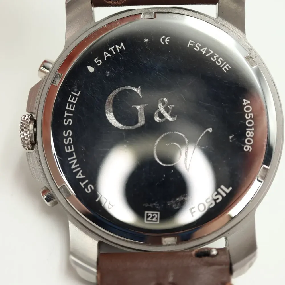 Fossil Grant Beige 44mm Chronograph Watch Brown Leather FS-4735 w New Battery